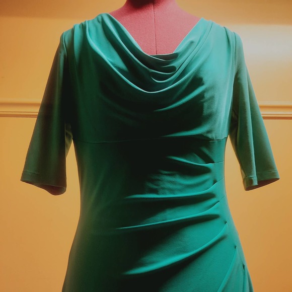 Lauren Ralph Lauren short sleeve Teal ruched drape front waterfall neck dress 6 - Picture 2 of 7